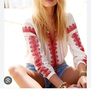 Sezane borne Red and White Embroidered Blouse